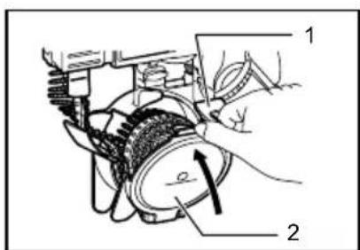 Technical diagram showing mechanical assembly with labeled parts 1 and 2, likely illustrating engine or gear mechanism.