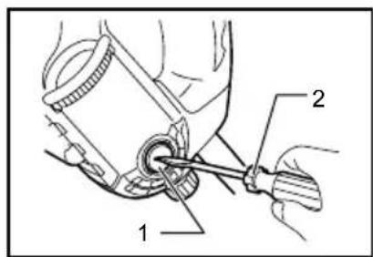Technical diagram showing a mechanical assembly with labeled parts 1 and 2, likely illustrating a tool or component assembly.