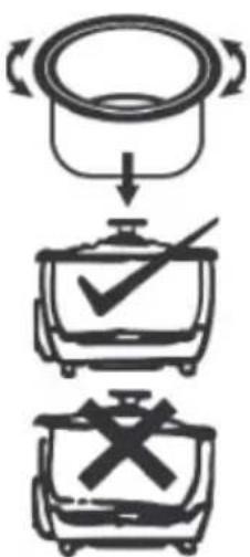 Diagram showing cooking process steps: pan, checkmark, and cross symbol