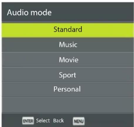 Audio mode Standard Music Movie Sport Personal ENTER Select Back MENU
