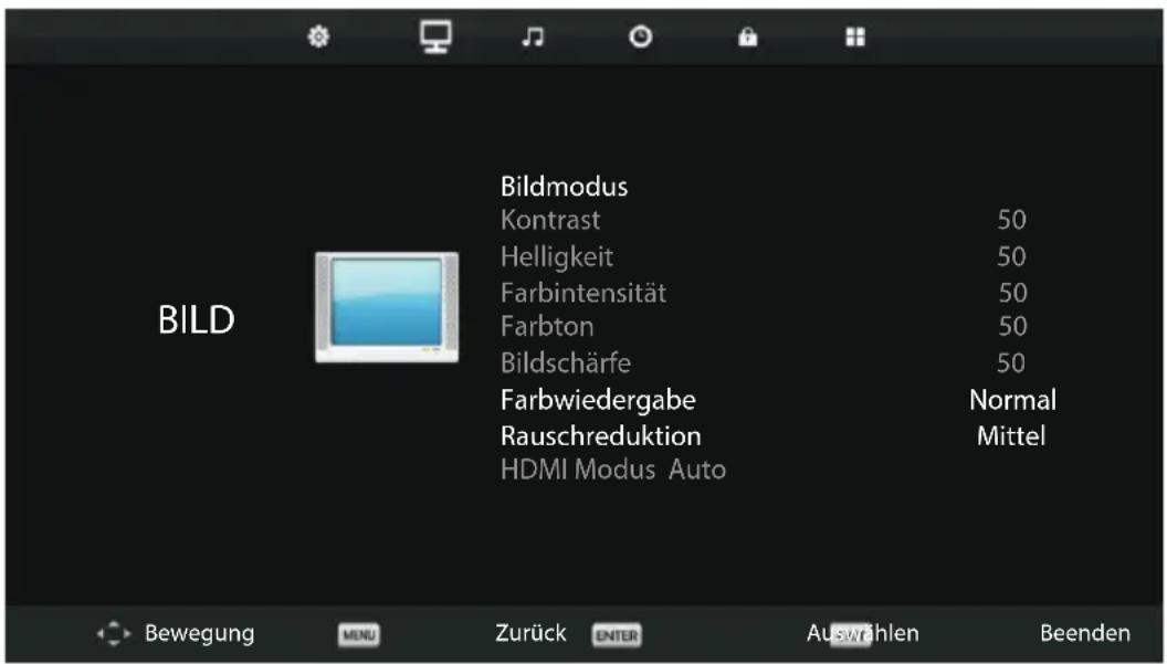 BILD Bildmodus Kontrast 50 Helligkeit 50 Farbintensität 50 Farbton 50 Bildschärfe 50 Farbwiedergabe Normal Rauschreduktion Mittel HDMI Modus Auto Bewegung MENU Zurück ENTER Auswählen Beenden