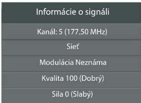 Informácie o signáli Kanál: 5 (177.50 MHz) Siet Modulácia Neznáma Kvalita 100 (Dobrý) Sila 0 (Slabý)
