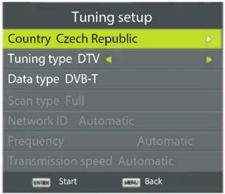 Tuning setup Country Czech Republic Tuning type DTV Data type DVB-T Scan type Full Network ID Automatic Frequency Automatic Transmission speed Automatic ENTER Start MENU Back
