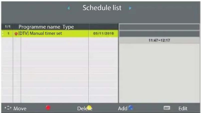 Schedule list 1/1 Programme name Type 1 [DTV] Manual timer set 05/11/2010 11:47~12:17 Move Delete Add Edit