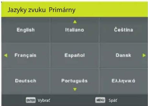 Jazyky zvuku Primárny English Italiano Čeština Français Espanol Dansk Deutsch Português Ελληνικά ENTER Vybrať MENU Spät'