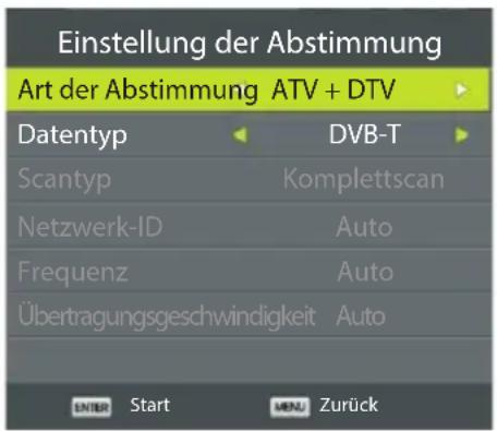 Einstellung der Abstimmung Art der Abstimmung ATV + DTV Datentyp DVB-T Scantyp Komplettscan Netzwerk-ID Auto Frequenz Auto Übertragungsgeschwindigkeit Auto ENTER Start MENU Zurück