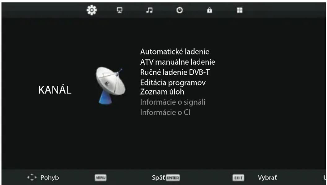 KANÁL Automatické ladenie ATV manuálne ladenie Ručné ladenie DVB-T Editácia programov Zoznam úloh Informácie o signáli Informácie o CI Pohyb MENU Spät ENTER EXIT Vybrat