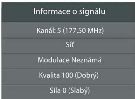Informace o signálu Kanál: 5 (177.50 MHz) Sít' Modulace Neznámá Kvalita 100 (Dobrý) Síla 0 (Slabý)