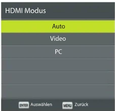 HDMI Modus Auto Video PC ENTER Auswählen MENU Zurück