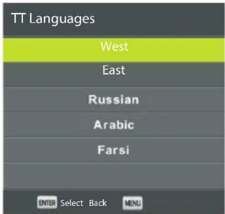 TT Languages West East Russian Arabic Farsi ENTER Select Back MENU