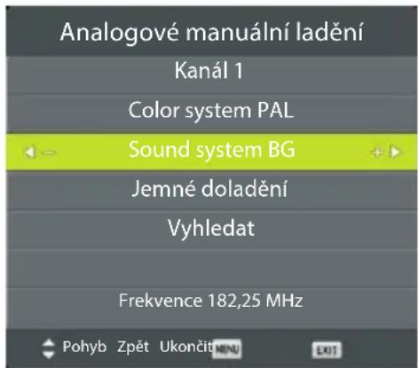 Analogové manuální ladění Kanál 1 Color system PAL Sound system BG Jemné doladění Vyhledat Frekvence 182,25 MHz Pohyb Zpět Ukončit MINI EXIT