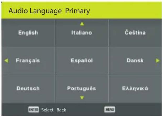 Audio Language Primary English Italiano Čeština Français Español Dansk Deutsch Português Ελληνικά ENTER Select Back MENU