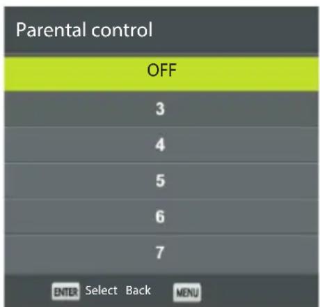 Parental control OFF 3 4 5 6 7 ENTER Select Back MENU