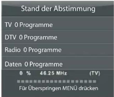 Stand der Abstimmung TV 0 Programme DTV 0 Programme Radio 0 Programme Daten 0 Programme 0 % 46.25 MHz (TV) Für Überspringen MENÜ drücken