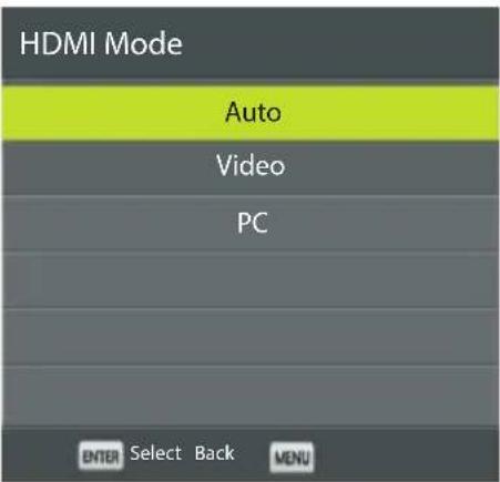 HDMI Mode Auto Video PC ENTER Select Back MENU
