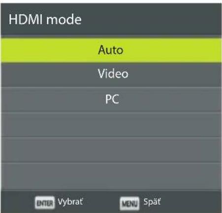 HDMI mode Auto Video PC ENTER Vybrat MENU Spät