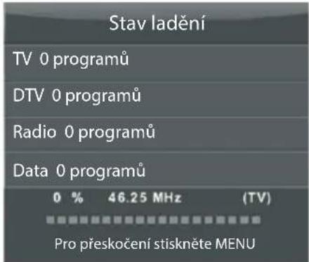 Stav ladění TV 0 programů DTV 0 programů Radio 0 programů Data 0 programů 0 % 46.25 MHz (TV) Pro přeskočení stiskněte MENU