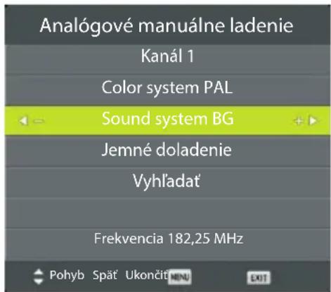 Analogové manuálne ladenie Kanál 1 Color system PAL Sound system BG Jemné doladenie Vyhládat Frekvencia 182,25 MHz Pohyb Spät Ukončit MINI EXIT