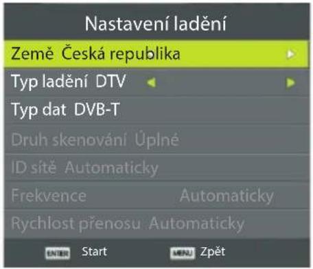 Nastavení ladění Země Česká republika Typ ladění DTV Typ dat DVB-T Druh skenování Úplné ID sitě Automaticky Frekvence Automaticky Rychlost přenosu Automaticky ENTER Start MENU Zpět