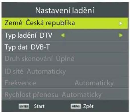 Nastavení ladění Země Česká republika Typ ladění DTV Typ dat DVB-T Druh skenování Úplné ID sítě Automaticky Frekvence Automaticky Rychlost přenosu Automaticky ENTER Start MENU Zpět
