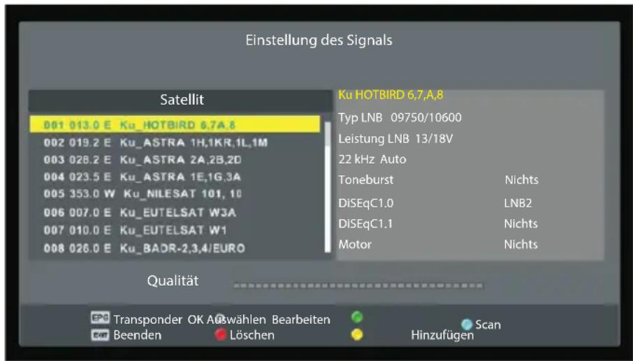 Einstellung des Signals Satellit D01 013.0 E Ku_HOTBIRD 6,7A,8 002 019.2 E Ku_ASTRA 1H,1KR,1L,1M 003 028.2 E Ku_ASTRA 2A,2B,2D 004 023.5 E Ku_ASTRA 1E,1G,3A 005 353.0 W Ku_NILESAT 101, 10 006 007.0 E Ku_EUTELSAT W3A 007 010.0 E Ku_EUTELSAT W1 008 026.0 E Ku_BADR-2,3,4/EURO Ku HOTBIRD 6,7,A,8 Typ LNB 09750/10600 Leistung LNB 13/18V 22 kHz Auto Toneburst Nichts DiSEqC1.0 LNB2 DiSEqC1.1 Nichts Motor Nichts Qualität Transponder OK Auswählen Bearbeiten Beenden Löschen Scan Hinzufügen