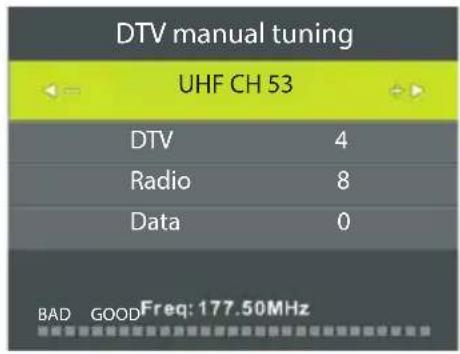 DTV manual tuning UHF CH 53 DTV 4 Radio 8 Data 0 BAD GOODFreq: 177.50MHz