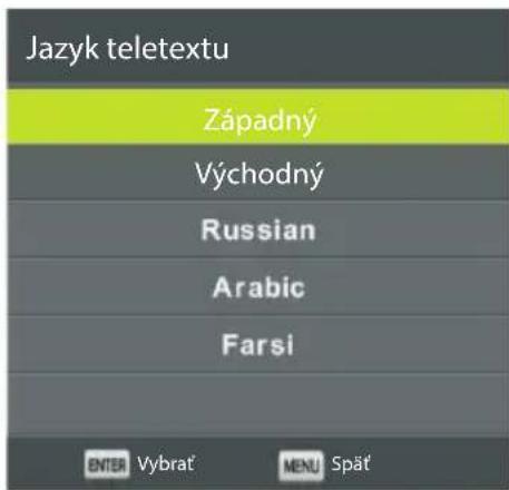 Jazyk teletextu Západný Východný Russian Arabic Farsi ENTER Vybrat' MENU Spät'