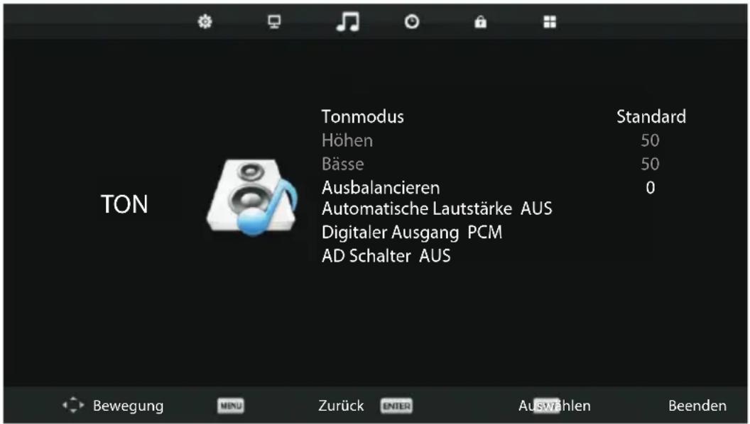 Tonmodus Höhen Bässe Ausbalancieren Automatische Lautstärke AUS Digitaler Ausgang PCM AD Schalter AUS Standard 50 50 0 Bewegung MENU Zurück ENTER Auswählen Beenden