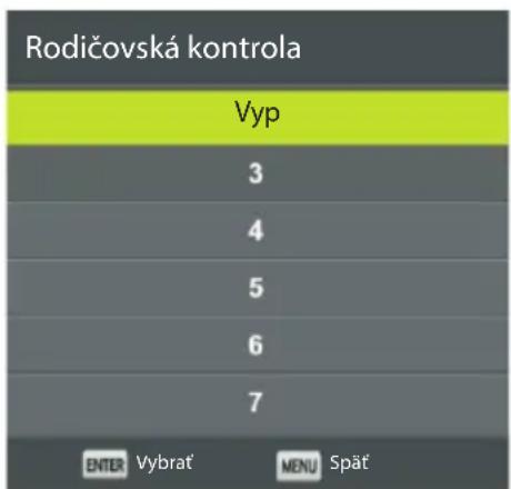 Rodičovská kontrola Vyp 3 4 5 6 7 ENTER Vybrat MENU Spät