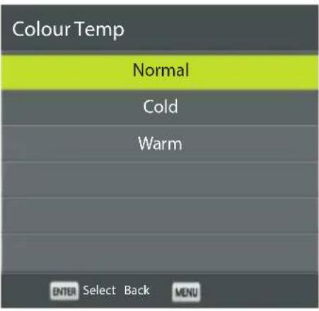 Colour Temp Normal Cold Warm ENTER Select Back MENU