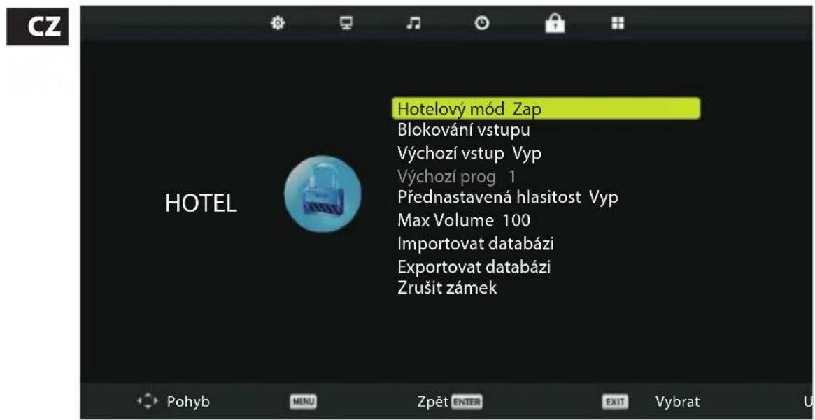 Hotelový mód Zap Blokování vstupu Výchozí vstup Vyp Výchozí prog 1 Přednastavená hlasitost Vyp Max Volume 100 Importovat databázi Exportovat databázi Zrušit zámek