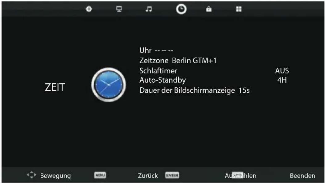 Uhr ---- Zeitzone Berlin GTM+1 Schlaftimer Auto-Standby Dauer der Bildschirmanzeige 15s ZEIT AUS 4H Bewegung MENU Zurück ENTER Auswahlen Beenden