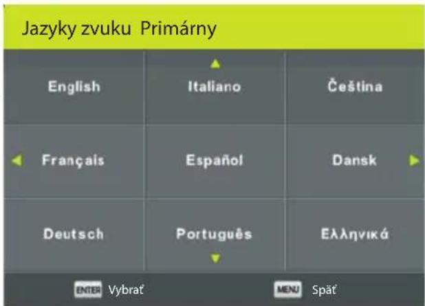 Jazyky zvuku Primárny English Italiano Čeština Français Español Dansk Deutsch Português Ελληνικά ENTER Vybrat MENU Spät