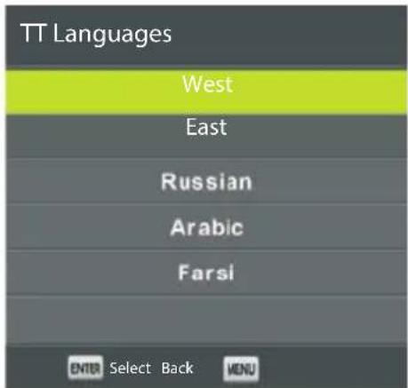 TT Languages West East Russian Arabic Farsi ENTER Select Back MENU
