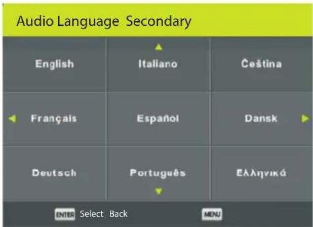 Audio Language Secondary English Italiano Ceština Français Espanol Dansk Deutsch Português Eλληνικά ENTER Select Back MENU
