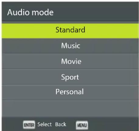 Audio mode Standard Music Movie Sport Personal ENTER Select Back MENU