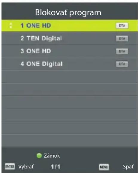 Blokovat' program 1 ONE HD 2 TEN Digital 3 ONE HD 4 ONE Digital Zámok ENTU Vybrat 1/1 MNE Spät