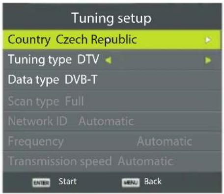 Tuning setup Country Czech Republic Tuning type DTV Data type DVB-T Scan type Full Network ID Automatic Frequency Automatic Transmission speed Automatic ENTER Start MENU Back