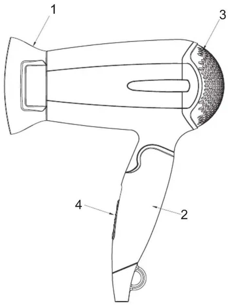 Technical diagram of a hair dryer with numbered parts labeled 1, 2, 3, and 4