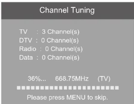 Channel Tuning TV : 3 Channel(s) DTV : 0 Channel(s) Radio : 0 Channel(s) Data : 0 Channel(s) 36%... 668.75MHz (TV) Please press MENU to skip.