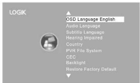 LOGIK OSD Language English Audio Language Subtitle Language Hearing Impaired Country PVR File System CEC Backlight Restore Factory Default