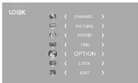 LOGIK ( CHANNEL ) ( PICTURE ) ( SOUND ) ( TIME ) ( OPTION ) ( LOCK ) ( EXIT )