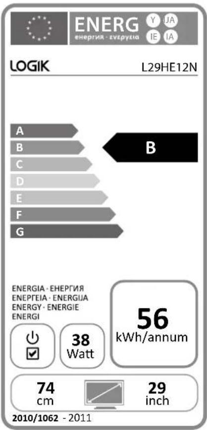 ENERG ENERGIE - Energie LOGIK L29HE12N A B C D E F G B ENERGIA - Energie ENERGEIA - Energie ENERGY - Energie ENERGI 38 Watt 56 kWh/annum 74 cm 29 inch 2010/1062 - 2011