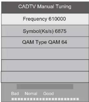 CADTV Manual Tuning Frequency 610000 Symbol(Ks/s) 6875 QAM Type QAM 64 Bad Normal Good