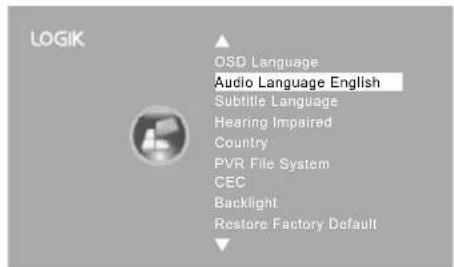 LOGIK OSD Language Audio Language English Subtitle Language Hearing Impaired Country PVR File System CEC Backlight Restore Factory Default