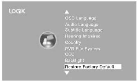 LOGIK OSD Language Audio Language Subtitle Language Hearing Impaired Country PVR File System CEC Backlight Restore Factory Default