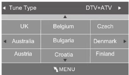 Tune Type DTV+ATV UK Belgium Czech Australia Bulgaria Denmark Austria Croatia Finland MENU