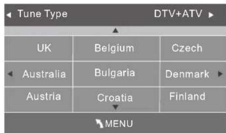 Tune Type DTV+ATV UK Belgium Czech Australia Bulgaria Denmark Austria Croatia Finland MENU