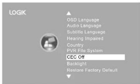 LOGIK QSD Language Audio Language Subtitle Language Hearing Impaired Country PVR File System CEC Off Backlight Restore Factory Default