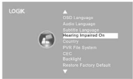 LOGIK OSD Language Audio Language Subtitle Language Hearing Impaired On Country PVR File System CEC Backlight Restore Factory Default